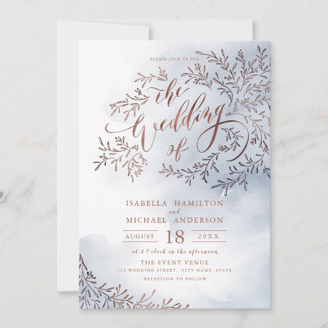 Dusty blue calligraphy rustic floral wedding invitation (Front)