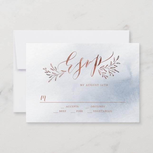 Dusty blue calligraphy rustic floral wedding RSVP (Front)