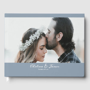 Dusty Blue Calligraphy Script Photo Wedding Guest Book