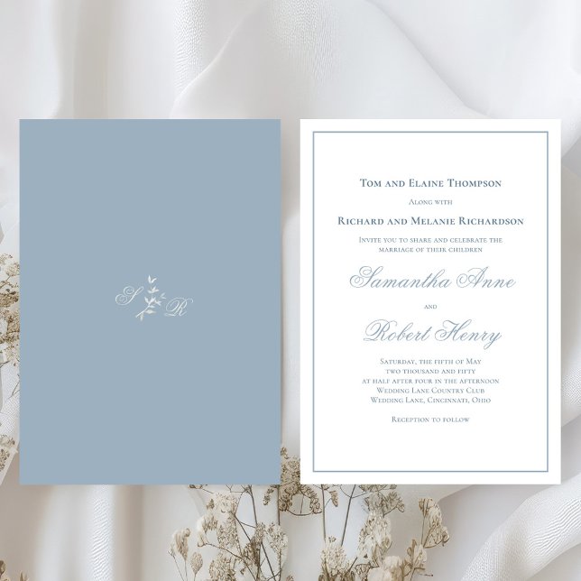 Dusty Blue Calligraphy Script Wedding  Invitation (Dusty blue elegant calligraphy script wedding invitations. )