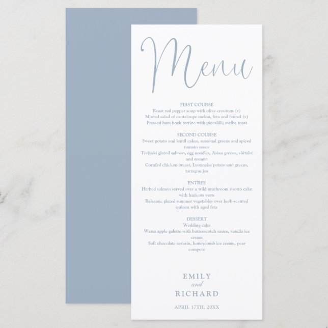 Dusty Blue Calligraphy Script Wedding Menu (Front/Back)