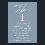 Dusty Blue Calligraphy Seating Chart Table Number<br><div class="desc">Elegant white calligraphy "table",  with guest names listed and table number,  wedding table number seating chart card. Background colour shown in dusty blue,  can be customised.</div>