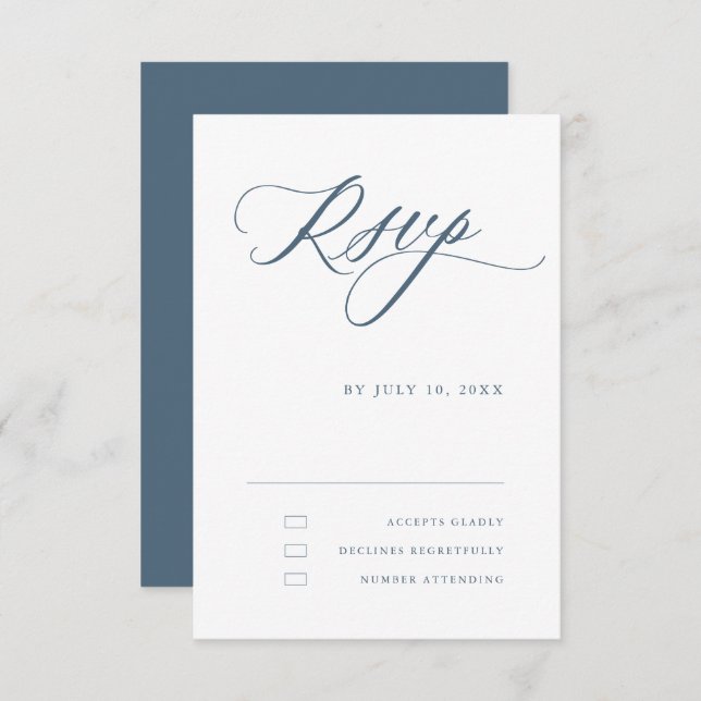 Dusty Blue Calligraphy Simple Minimalist Wedding RSVP Card (Front/Back)