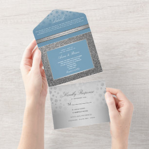 Dusty Blue Calligraphy Wedding All In One Invitation