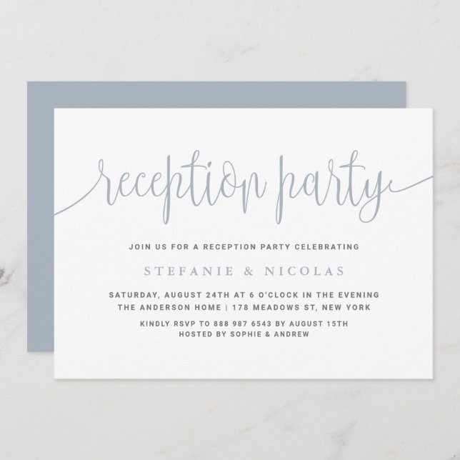 Dusty Blue Calligraphy Wedding Reception Party Invitation (Front/Back)