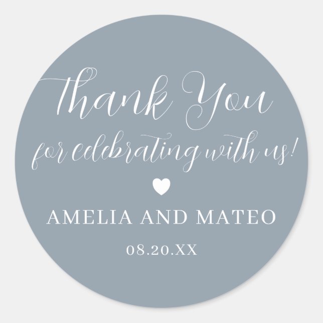 Dusty Blue Calligraphy Wedding Thank You Favour Classic Round Sticker (Front)