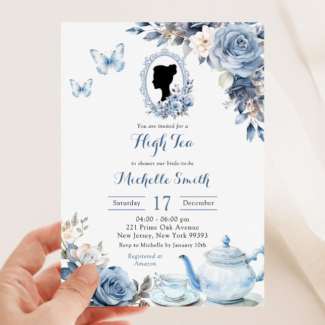 Dusty Blue Cameo English Afternoon Tea Invitation (Creator Uploaded)