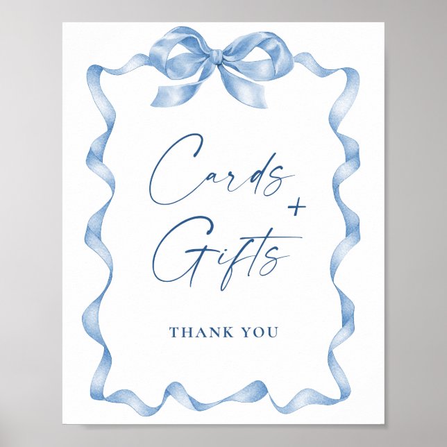 Dusty Blue Cards and Gift Bow Bridal Shower Poster (Front)