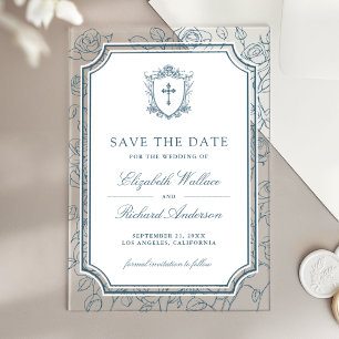 Dusty Blue Catholic Wedding Save the Date Acrylic Invitations