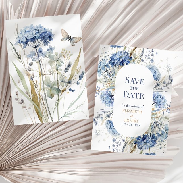 Dusty Blue Champagne Hydrangea Save the Date Card (French Blue Garden Wildflowers Save The Dates Invitation on a sunny neutral dry palm leaf.)
