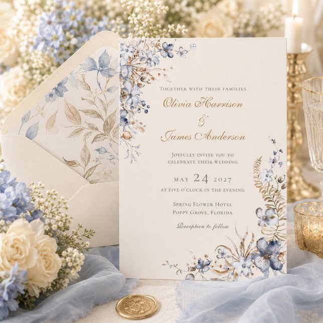 Dusty Blue Champagne Ivory Botanical Wedding Invitation (Dusty Blue Champagne Ivory Botanical Wedding Invitation)