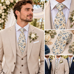 Dusty Blue Champagne Ivory Floral Garden Wedding Tie