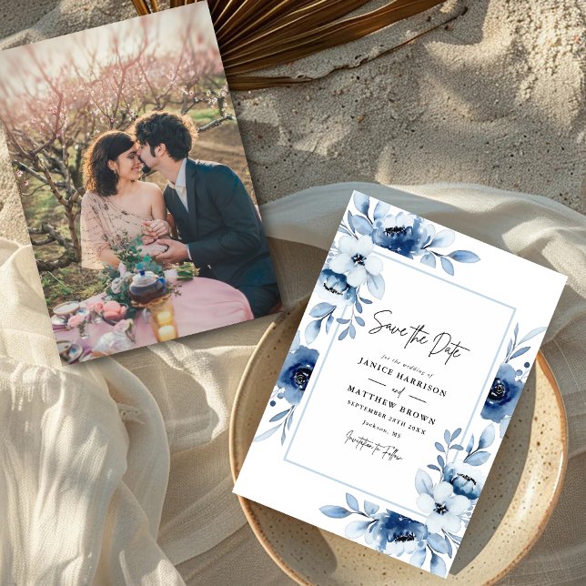 Dusty Blue Champagne Ivory Floral Photo Wedding Save The Date (Creator Uploaded)