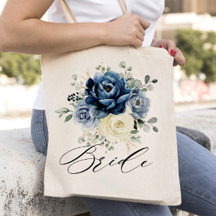 Dusty Blue Champagne Ivory Floral Wedding Bride Tote Bag