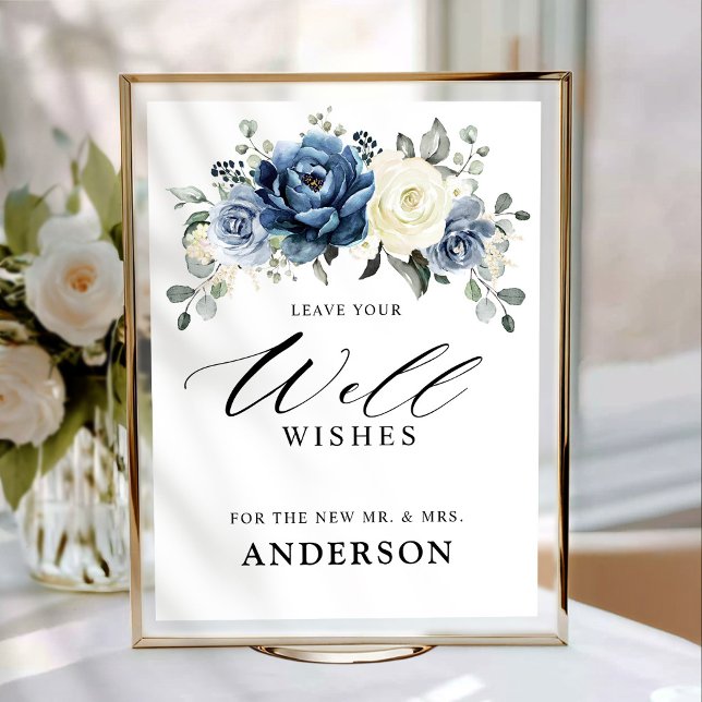 Dusty Blue Champagne Ivory Floral Well Wishes  Poster (Dusty Blue Champagne Ivory Floral Well Wishes Poster)