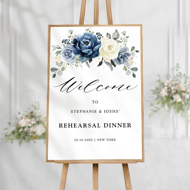 Dusty Blue Champagne Rehearsal Dinner Welcome  Poster (Dusty Blue Champagne Rehearsal Dinner Welcome Poster)