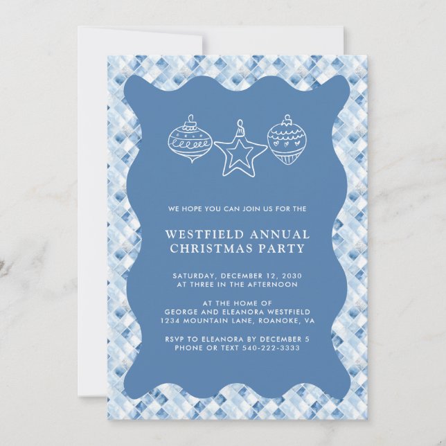 Dusty Blue Check Pattern Christmas Party Invitation (Front)
