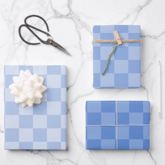 Dusty Blue Checked Pattern Wrapping Paper Sheet (Front)