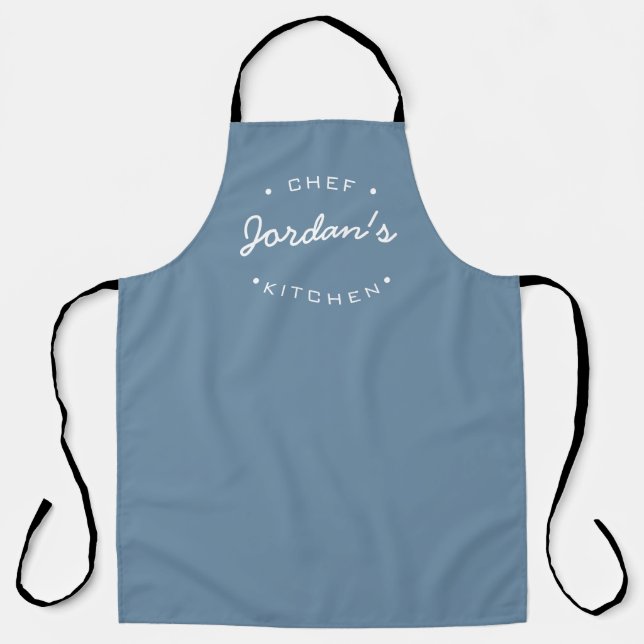 Dusty Blue Chef's kitchen name modern typography Apron (Front)