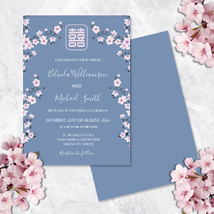 Dusty Blue Cherry Blossom   Chinese Wedding Invitation
