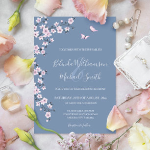 Dusty Blue Cherry Blossom   Wedding Invitation
