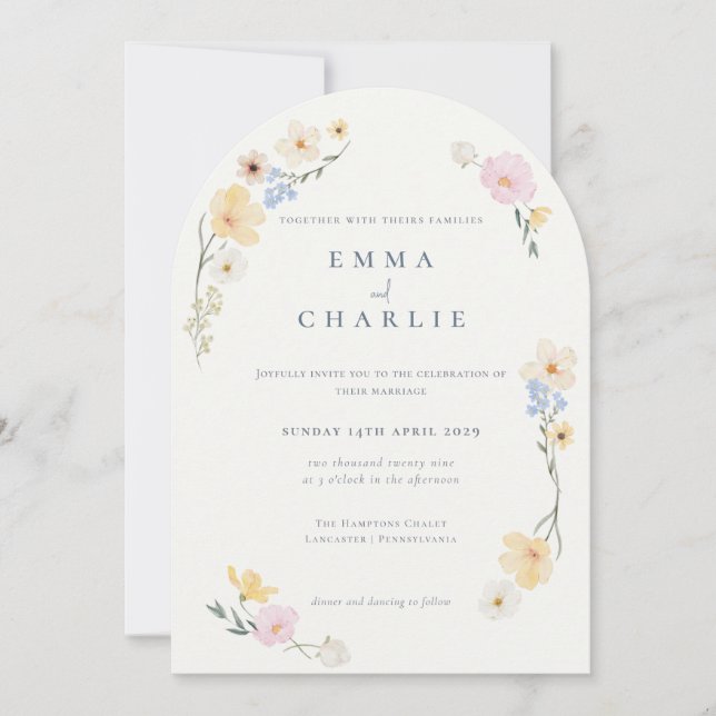 Dusty Blue Chic Boho Pastel Wildflowers Wedding Invitation (Front)