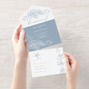 Dusty Blue Chic Botanical Daisy Garden Wedding All In One Invitation