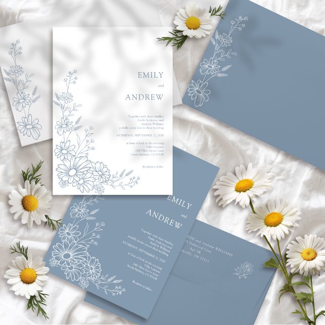 Dusty Blue Chic Botanical Daisy Garden Wedding Invitation (Creator Uploaded)