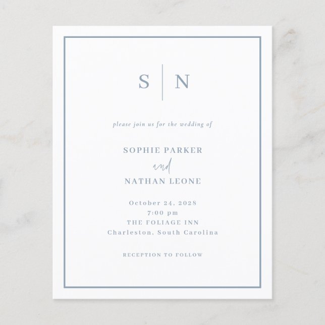 Dusty Blue Chic Budget QR Code Wedding Invitation (Front)