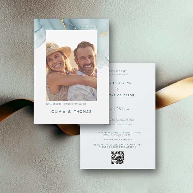 Dusty Blue Chic Modern Wedding QR Photo Save Date Invitation (dusty blue qr code photo wedding save the date elegant bohemian modern romantic summer winter beach)