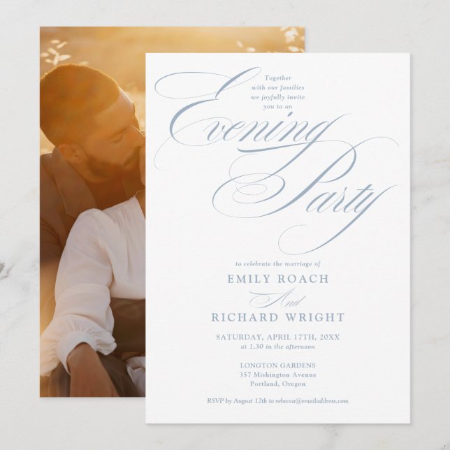 Dusty Blue Chic Script Photo Wedding Evening Party Invitation (Front/Back)