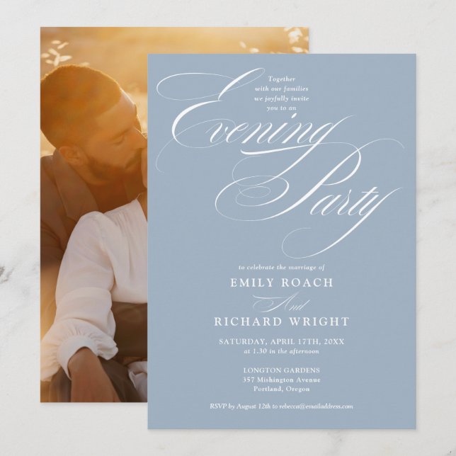 Dusty Blue Chic Script Photo Wedding Evening Party Invitation (Front/Back)