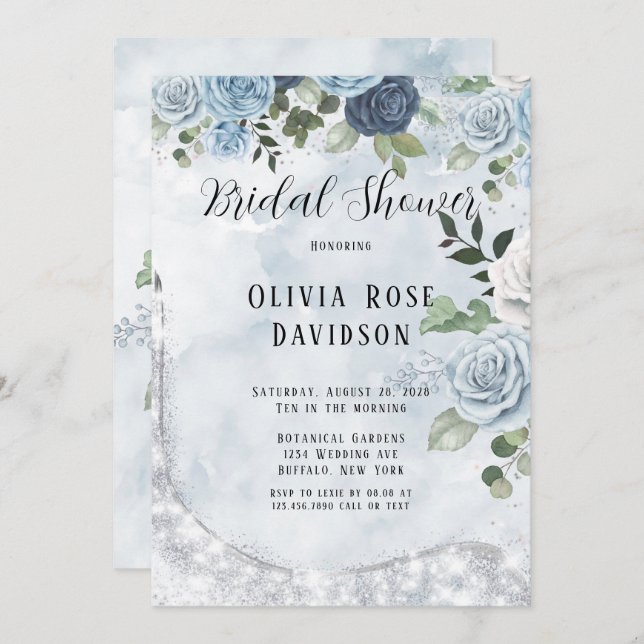 Dusty Blue Chic Watercolor Floral Bridal Shower Invitation (Front/Back)