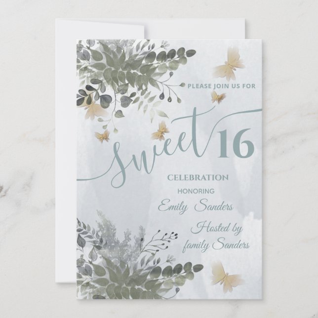 Dusty blue Chic watercolor greenery eucalyptus  In Invitation (Front)