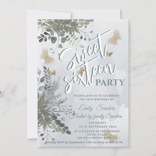 Dusty blue Chic watercolor greenery eucalyptus  Invitation (Front)