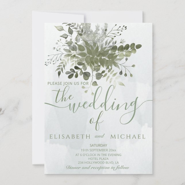 Dusty blue chic watercolor greenery eucalyptus invitation (Front)