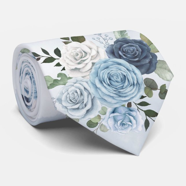 Dusty Blue Chic Watercolor Rustic Florals Wedding  Tie (Rolled)