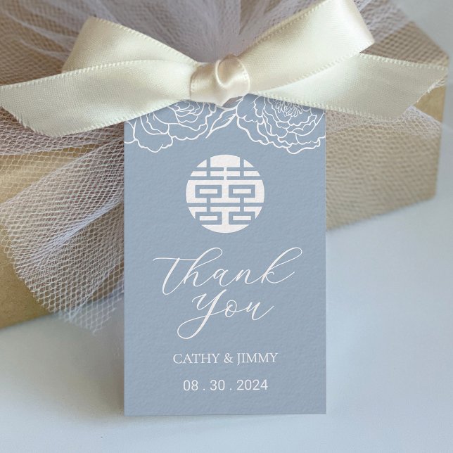 Dusty Blue Chinese Double Happiness Wedding Tag (Creator Uploaded)
