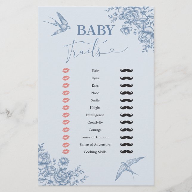 Dusty Blue Chinoiserie Baby Shower Baby Traits (Front)