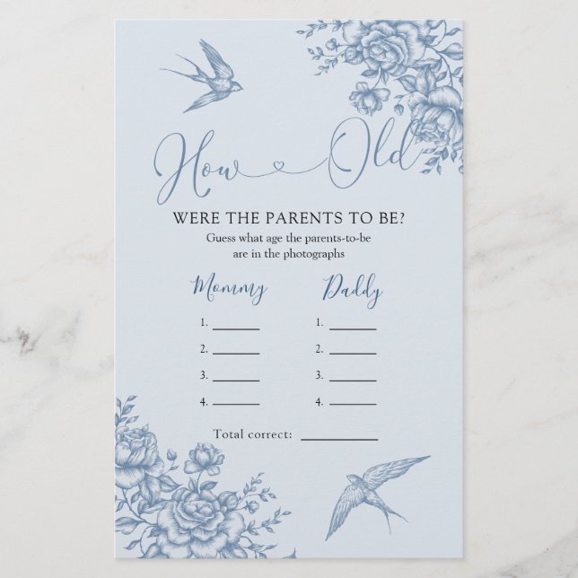 Dusty Blue Chinoiserie Baby Shower How Old Parents (Front)