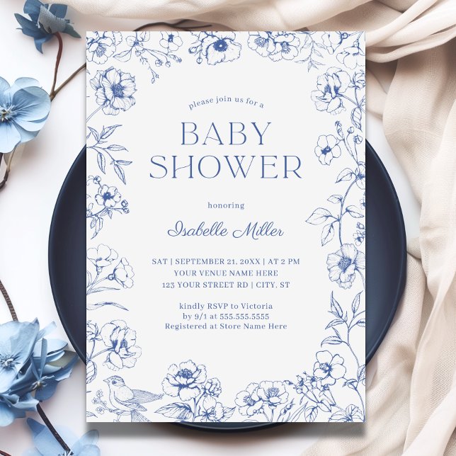 Dusty Blue Chinoiserie Boy Baby Shower Invitation (Dusty Blue  Baby Boy Shower)