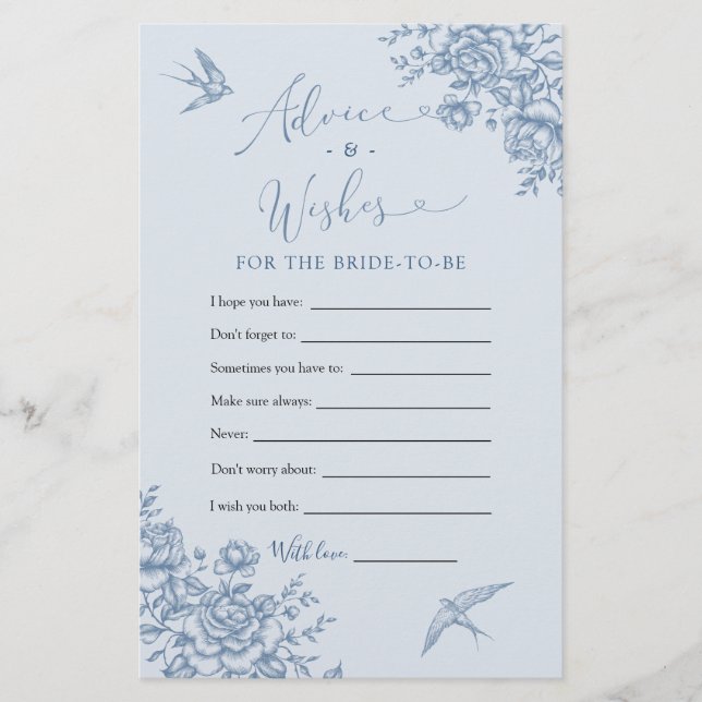 Dusty Blue Chinoiserie Bridal Advice and Wishes (Front)