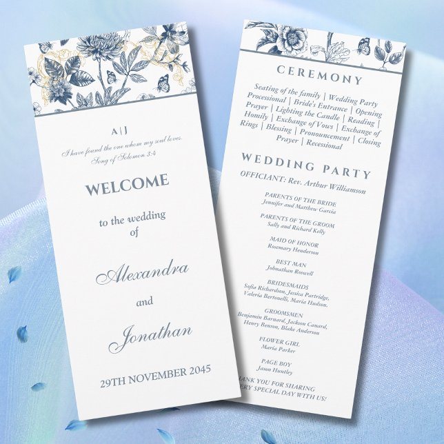 Dusty Blue Chinoiserie Christian Wedding Program Programme (Creator Uploaded)