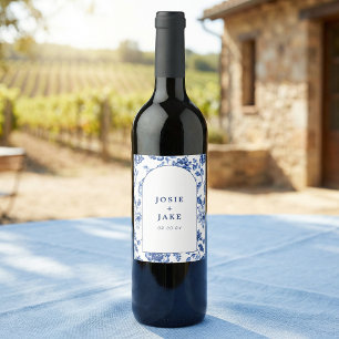 Dusty Blue Chinoiserie Floral Custom Wedding Wine Label