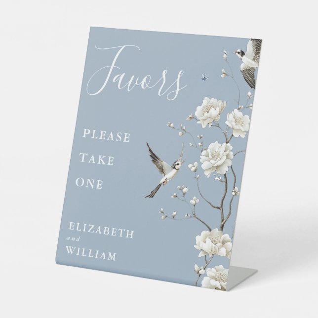 Dusty Blue Chinoiserie Floral Favours Wedding Pedestal Sign (Front)
