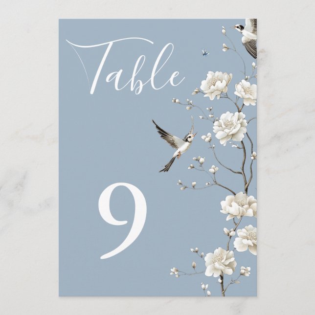 Dusty Blue Chinoiserie Floral Garden Table Numbers (Front)