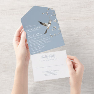 Dusty Blue Chinoiserie Floral Garden Wedding All In One Invitation