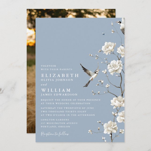 Dusty Blue Chinoiserie Floral Garden Wedding Photo Invitation (Front/Back)
