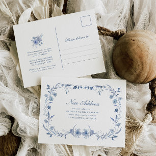 Dusty Blue Chinoiserie Floral Moving Announcement Postcard