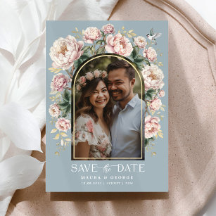 Dusty Blue Chinoiserie Floral Photo Save the Date Invitation